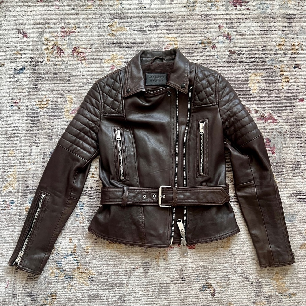 All Saints Brown Lamb Leather Jacket with Quilted Detailing